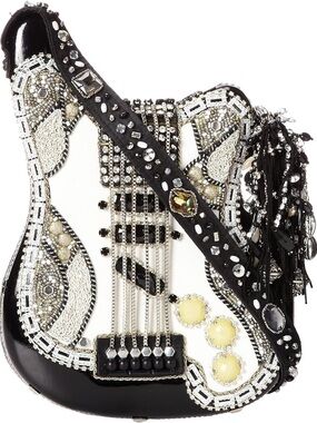 Mary Frances Black and White Beaded Guitar Crossbody Bag